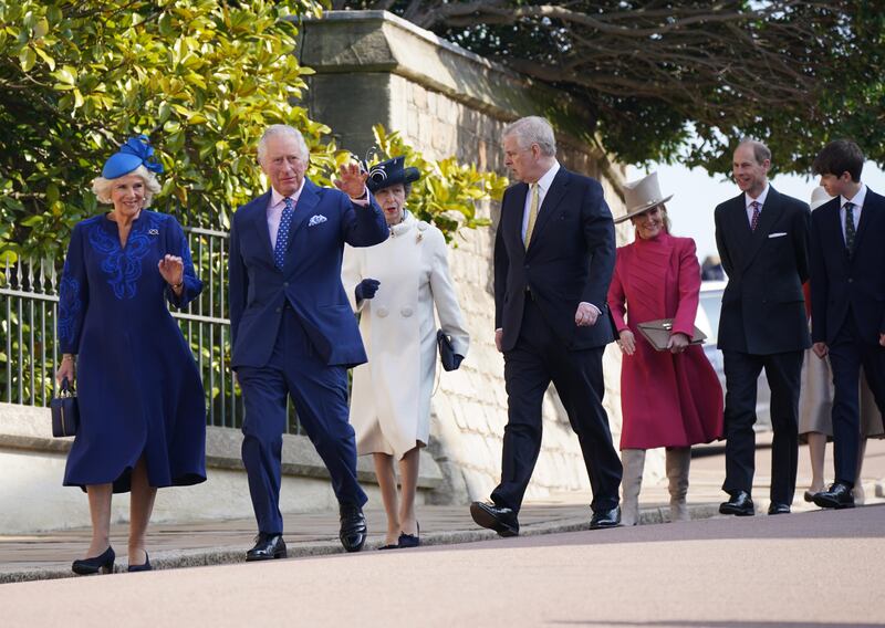 King Charles III and Camilla, Queen Consort, with members of the royal family attend an Easter service at Windsor Castle on April 9, 2023. Getty Images