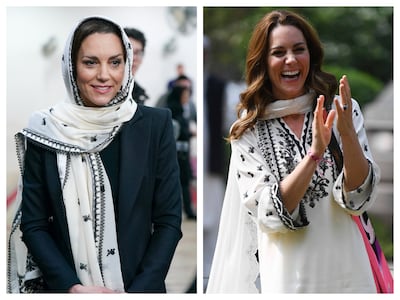 The Princess of Wales wore a headscarf by a Pakistani designer to visit a Muslim centre in England on March 9; right, wearing a kurta by the same designer in Pakistan in October 2019. Getty Images