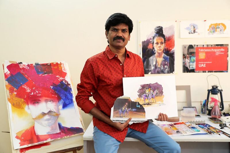 DUBAI , UNITED ARAB EMIRATES , May 14 – 2020 :- Artist Atul Panase showing the painting which he made from the photo published in The National newspaper at his home studio in Deira Dubai. He is from India and based in Dubai for more than two decades. He was one of curators for World Art Dubai in 2017 and 2018. He is also the UAE Country Leader since last 5 years for the team of watercolorists for FabrianoInAcquarello and UrbinoInAcquerello international watercolor festivals which happen annually in Italy. He started the art activity  #pickanypicandpaint from the newspaper during the stay home era in the UAE because of COVID 19 pandemic. In this art activity which is trending with the hash tag #pickanypicandpaint involves more than 80 artists locally and internationally so far as the number is growing day by day. People here and also from other countries are participating and painting from the piece of newspapers. (Pawan Singh / The National) For Arts & Life/Online/Instagram.  Story by Katy Gillett