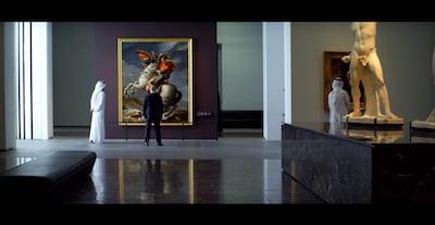 Napoleon Crossing the Alps by Jacques-Louis David hanging in the Louvre Abu Dhabi was featured in the movie 6 Underground. Photo: Netflix