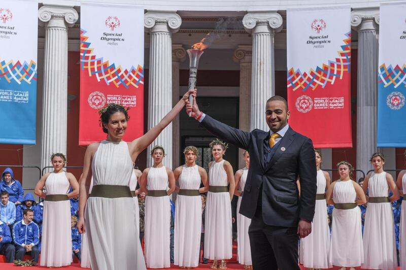 Iliana Symeonidou, High Priestess and Special Olympics Hellas athlete pictured with Khalfan Al Mazrouei, Managing Director of Special Olympics World Games Abu Dhabi 2019.