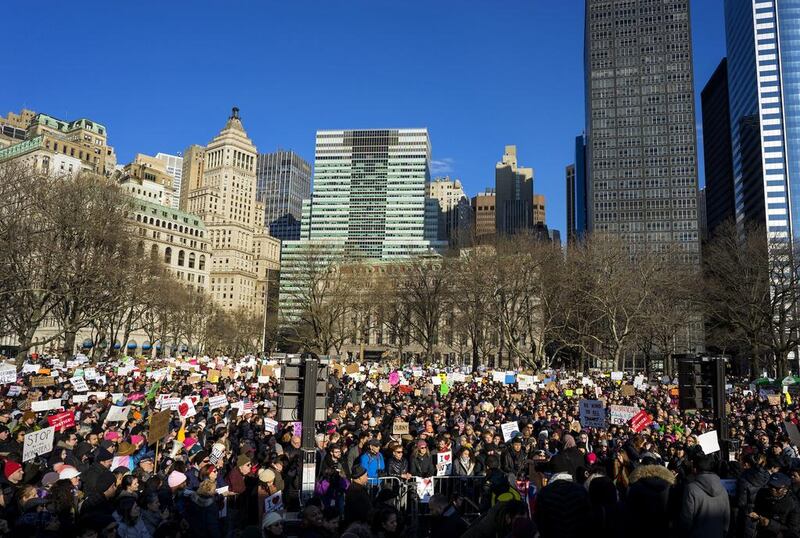 People gather for a rally in Battery Park in New York on January 29, 2017, as they protest against US president Donald Trump's executive order banning travel to the US by citizens of seven Muslim  countries. Craig Ruttle / AP Photo