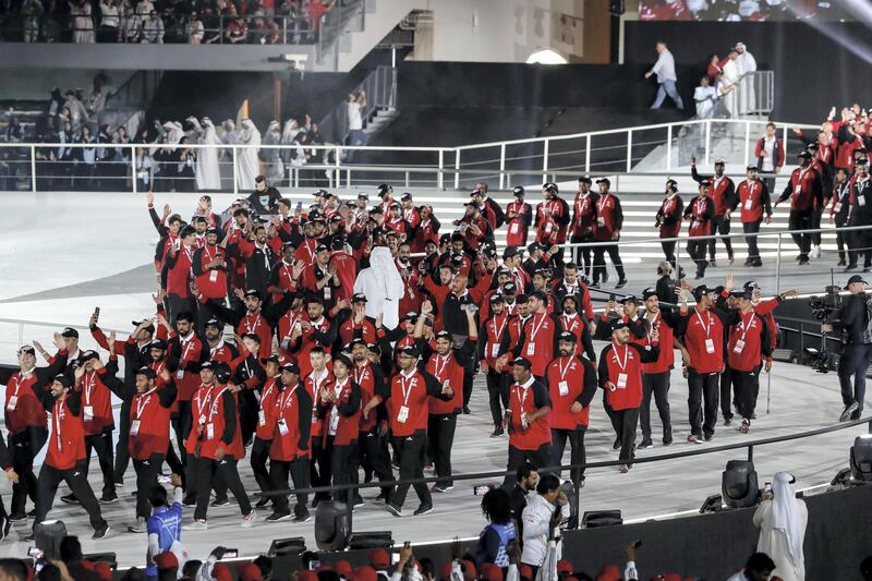 ABU DHABI, UNITED ARAB EMIRATES. 14 MARCH 2019. UAE Team arrives at the Opening Ceremony of the Special Olympics at Zayed Sports City. (Photo: Antonie Robertson/The National) Journalist: None: National.