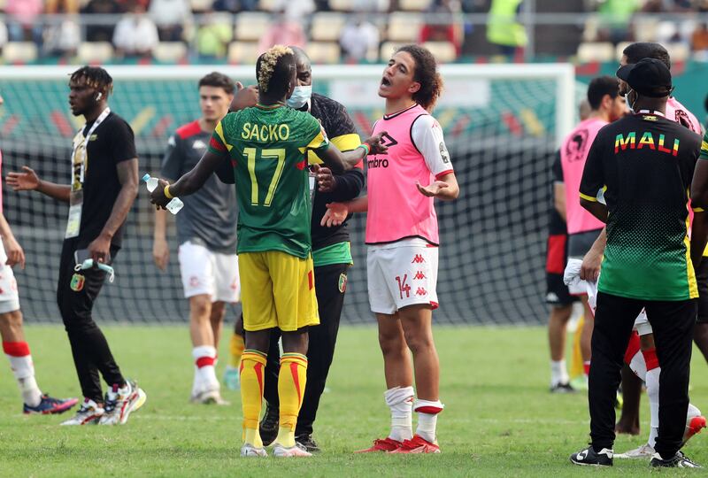 Players argue after the match that Mali won 1-0. Reuters