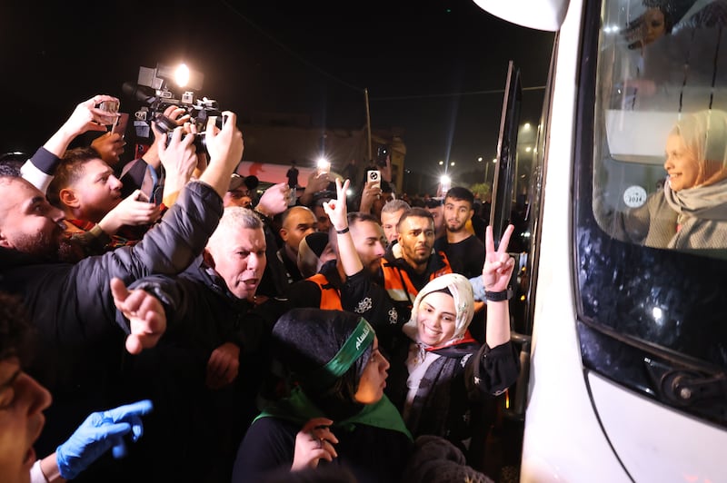 Crowds in the West Bank celebrate the arrival of Palestinians released from Israeli jails. EPA