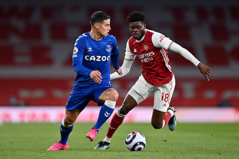 ames Rodriguez of Everton takes on Thomas Partey of Arsenal. Getty