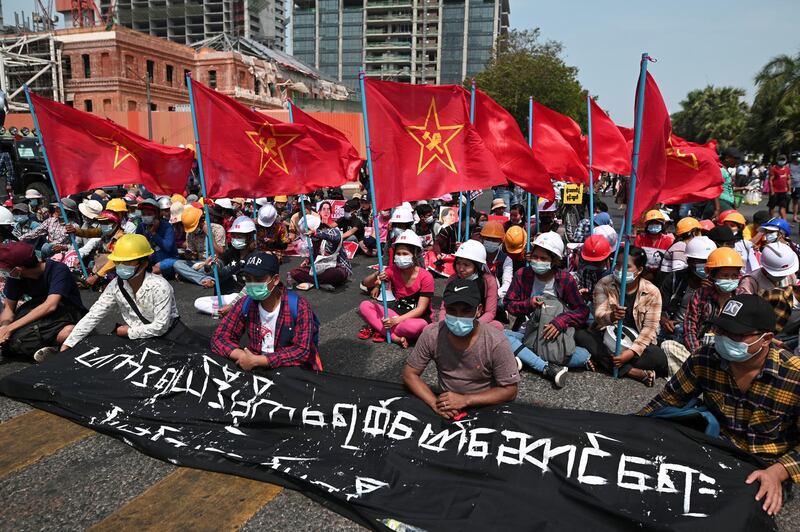 Demonstrators protest against the military coup in Yangon, Myanmar. REUTERS