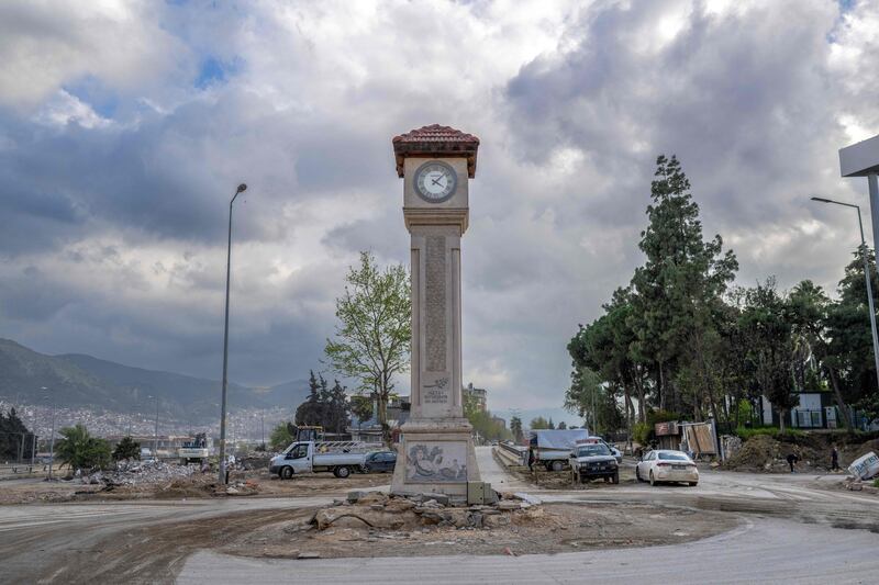The clock tower of Hatay, Turkey, still standing after the 7.8-magnitude earthquake on February 6 killed more than 50,000. AFP