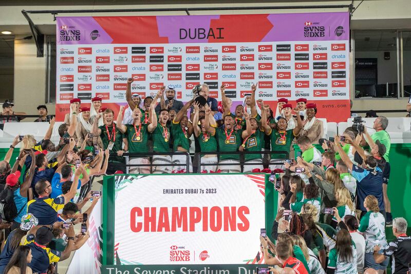 South Africa celebrate with the trophy after their victory.