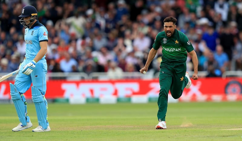 Pakistan's Mohammad Amir celebrates taking the wicket of England's Jos Buttler, caught by Wahab Riaz during the ICC Cricket World Cup group stage match at Trent Bridge, Nottingham. PRESS ASSOCIATION Photo. Picture date: Monday June 3, 2019. See PA story CRICKET England. Photo credit should read: Simon Cooper/PA Wire. RESTRICTIONS: Editorial use only. No commercial use. Still image use only.