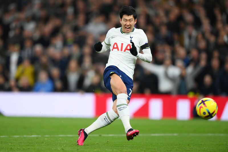Son Heung-Min of Tottenham Hotspur scores their second goal in the Premier League game against West Ham United at Tottenham Hotspur Stadium on February 19, 2023. Getty 