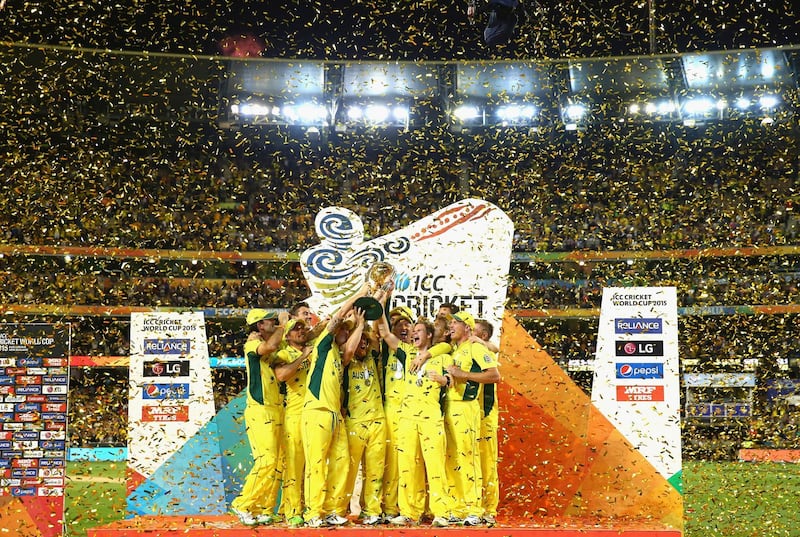 MELBOURNE, AUSTRALIA - MARCH 29:  Australia lift the World Cup during the 2015 ICC Cricket World Cup final match between Australia and New Zealand at Melbourne Cricket Ground on March 29, 2015 in Melbourne, Australia.  (Photo by Ryan Pierse/Getty Images)