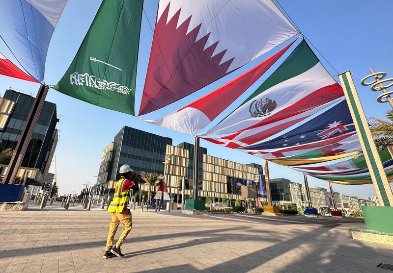 Country flags of World Cup finals teams along a street in Lusail. Reuters