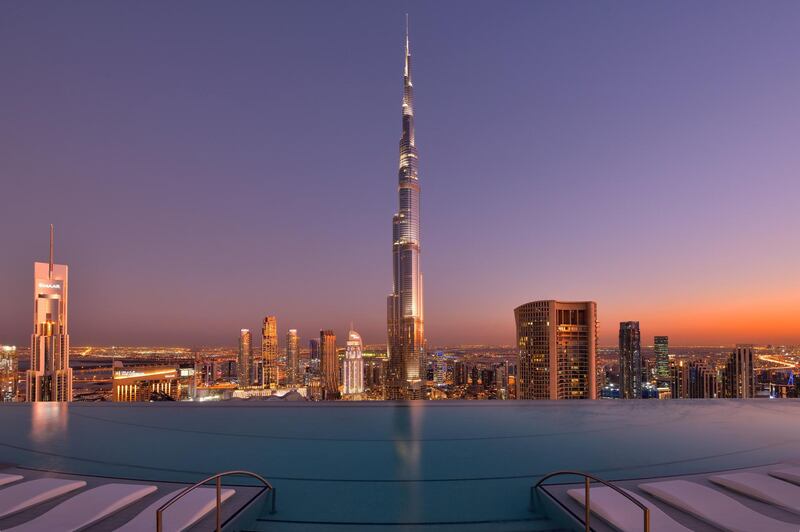 The infinity pool, located on the hotel's Sky Bridge, offers unprecedented views of the Burj Khalifa and The Dubai Fountain