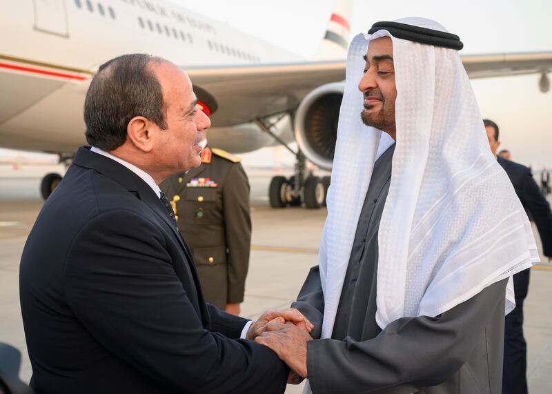 President Sheikh Mohamed greets Mr El Sisi. Hamad Al Kaabi /  UAE Presidential Court