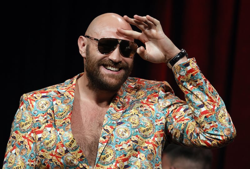 WBC heavyweight boxing champion Tyson Fury at the media conference with Deontay Wilder at the MGM Grand Garden Arena on October 6, 2021 in Las Vegas, Nevada. Getty