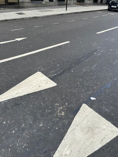 Scratch marks on Lower Belgrave Street in Victoria at the spot where a witness says the horses lost control. Gillian Duncan / The National