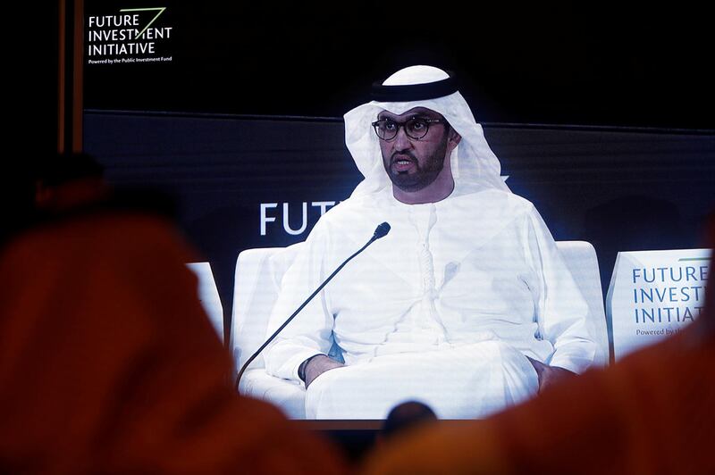 Sultan Ahmed Al Jaber, UAE Minister of State and the Abu Dhabi National Oil Company (ADNOC) Group CEO, is seen on a screen during the Future Investment Initiative conference. Reuters