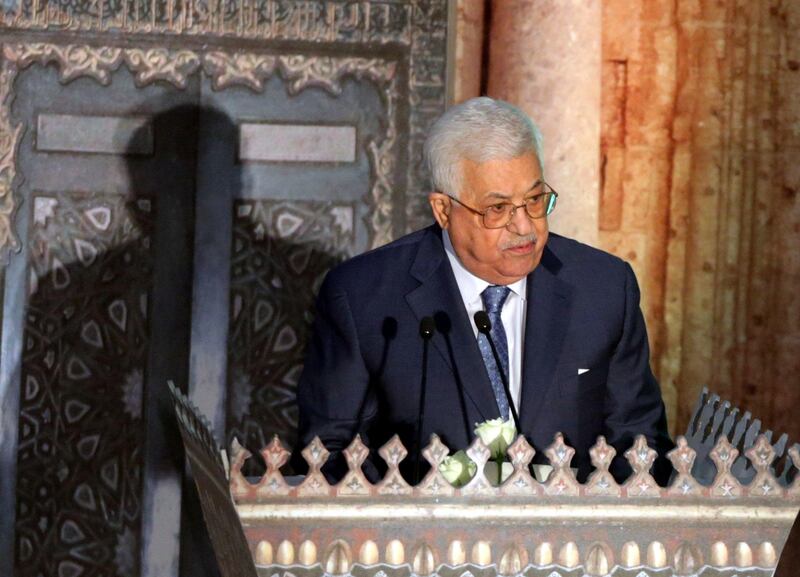 epa06446250 Palestinian President Mahmoud Abbas speaks during Azhar's International Conference in Support of Jerusalem, at the Al-Azhar Conference Center, Cairo, Egypt, 17 January 2018. Al-Azhar is holding a two-days conference in support of Jerusalem against the decision by US President Donald J. Trump on 06 December 2017 to recognize Jerusalem as the capital of Israel. The conference has three main themes which are raising awareness about Jerusalem's issue, affirming its Arab status, and highlighting the international community's responsibility regarding it.  EPA/KHALED ELFIQI