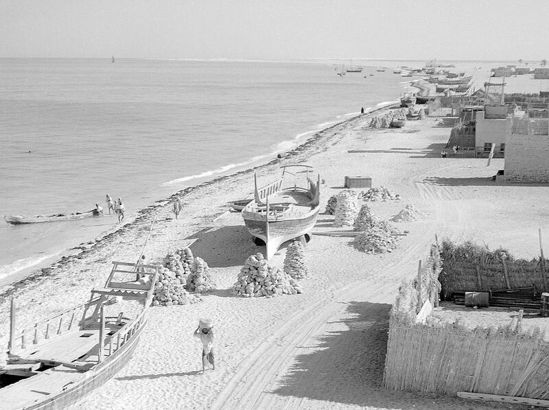 Stacks of coral dry on the beach in Abu Dhabi in the mid-twentieth century. Coral stone was used in the construction of many of the UAE‚Äôs historic buildings, including Qasr Al Hosn. Credit: BP Archive
