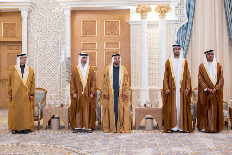 From left, Sheikh Mansour bin Zayed, Vice President, Deputy Prime Minister and Chairman of the Presidential Court; Sheikh Hamdan bin Mohamed; Sheikh Mohamed bin Hamad, Private Affairs Adviser in the Presidential Court;  Sheikh Shakhbout bin Nahyan, Minister of State; and Ahmed Al Sayegh, Minister of State, attend the ceremony
