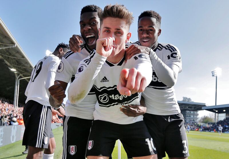 Tom Cairney of Fulham celebrates scoring the opening goal with teammates Timothy Fosu-Mensah and Ryan Sessegnon during Fulham's match against Everton at Craven Cottage. 13/04/2019. Michael Zemanek / FPA / LDY Agency