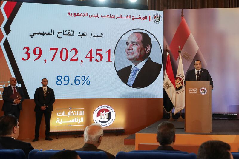 National Election Commission chief Hazem Badawy announces the results of the Egypt's presidential election at the International Convention Centre in Cairo. President Abdel Fattah El Sisi won 89.6 per cent of the vote. Reuters