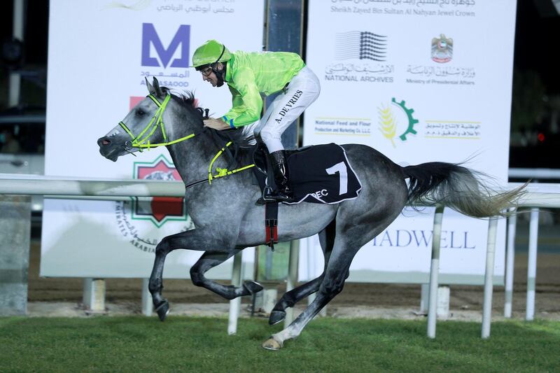 Abu Dhabi, United Arab Emirates, December 13, 2020.  4th Race Meeting Season 2020-2021.
Andrie De Vries steers Hameem  to win the fourth race at the Abu Dhabi Equestrian Club.
Victor Besa/The National
Section:  SP
Reporter:  Amith Passela