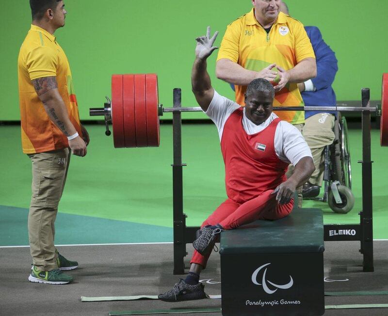 The UAE's Mohammed Khalaf celebrates his winning lift of 220 kilograms in the men's 88kg powerlifting competition at the Rio 2016 Paralympic Games. Sergio Moraes / Reuters