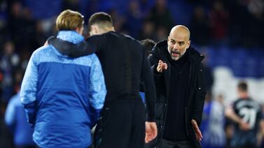 BRIGHTON, ENGLAND - APRIL 25: Pep Guardiola, Manager of Manchester City, reacts after the Premier League match between Brighton & Hove Albion and Manchester City at American Express Community Stadium on April 25, 2024 in Brighton, England. (Photo by Clive Rose / Getty Images)