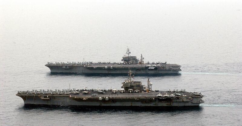 This photo released by the US Navy in April 2003 shows the aircraft carriers USS Kitty Hawk (front) and USS Constellation in the Gulf. AFP