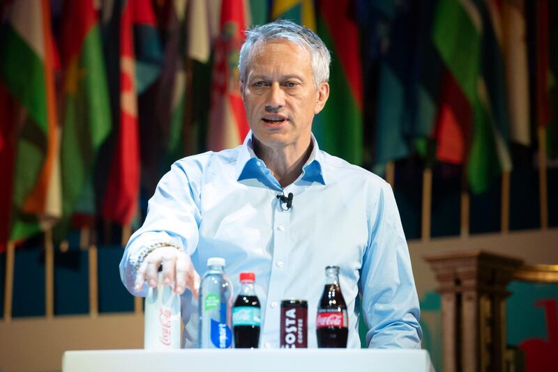 epa07945077 Chairman and CEO of Coca Cola, James Quincey speaks during a session at the One Young World Summit in the Methodist Hall in London, Britain, 24 October 2019. Over 2,000 young people from over 190 countries gathered for the One Young World Summit, a global forum for young leaders, aiming to create the next generation of more responsible and effective leaders.  EPA/FACUNDO ARRIZABALAGA