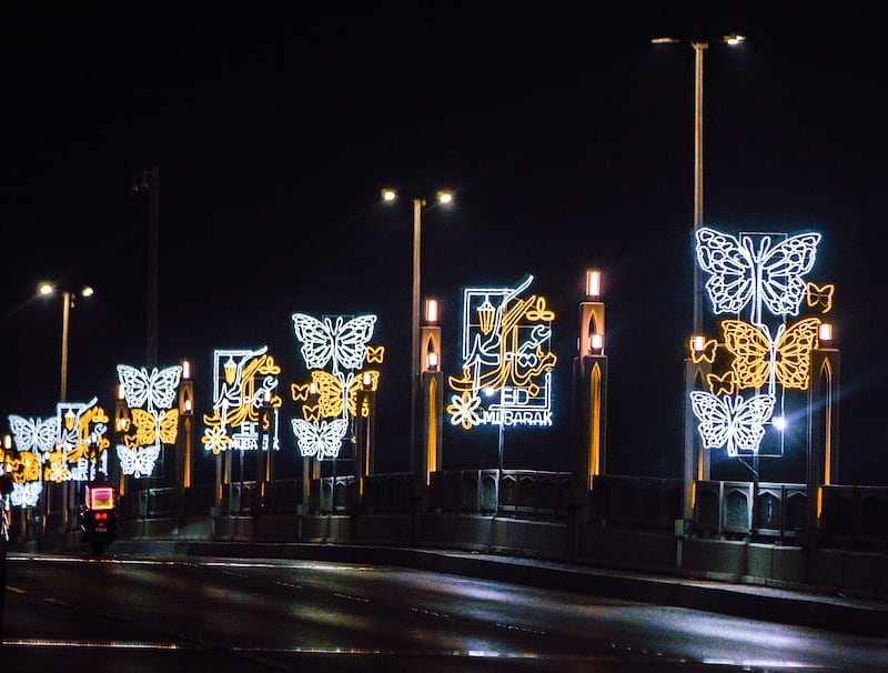 Eid Al Adha lights along Sheikh Rashid Bin Saeed Street in Abu Dhabi. Victor Besa / The National