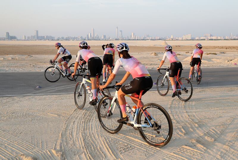UAE Team ADQ riders in training at Hudayriat Island. All 15 riders were due to take part in the 10 days of training. Photo: Pawan Singh / The National