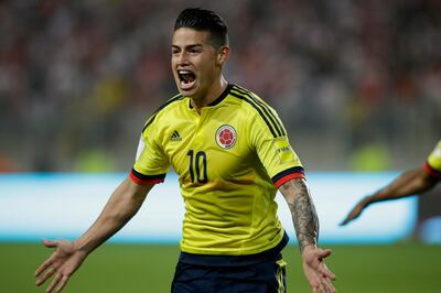 FILE - In this Tuesday, Oct. 10, 2017 filer, Colombia's James Rodriguez celebrates after scoring against Peru during a 2018 World Cup qualifying soccer match in Lima, Peru.(AP Photo/Martin Mejia, File)