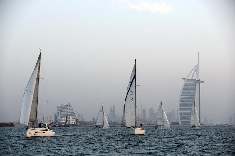 Dubai, United Arab Emirates - May 14, 2019: The Dubai offshore sailing club pursuit race. Tuesday the 14th of May 2019. Dubai. Chris Whiteoak / The National