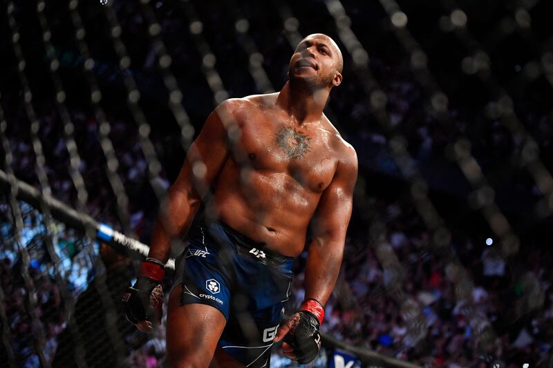 Ciryl Gane celebrates his victory over Tai Tuivasa following their UFC heavyweight fight. AFP