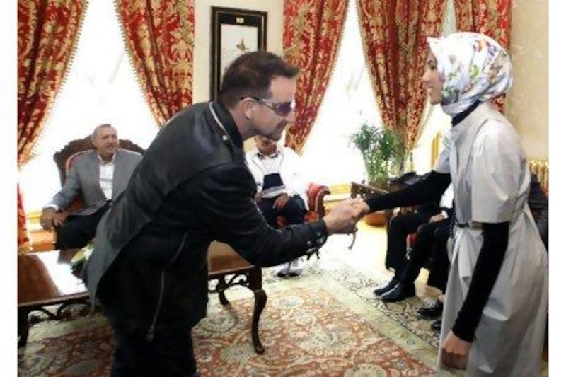 The U2 frontman Bono is greeted by Sumeyye Erdogan, the Turkish prime minister Recep Tayyip Erdogan's daughter, in Istanbul in September.