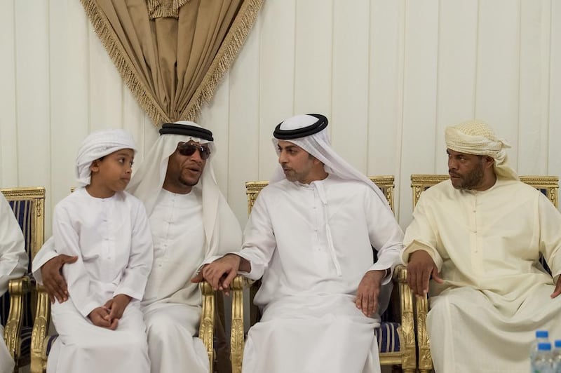 Sheikh Omar bin Zayed, Deputy Chairman of the Board of Trustees of Zayed bin Sultan Al Nahyan Charitable and Humanitarian Foundation, second right, offers condolences to the family of martyr Zayed Al Kaabi who died while serving with the Armed Forces in ‘Operation Restoring Hope’. Rashed Al Mansoori / Crown Prince Court - Abu Dhabi