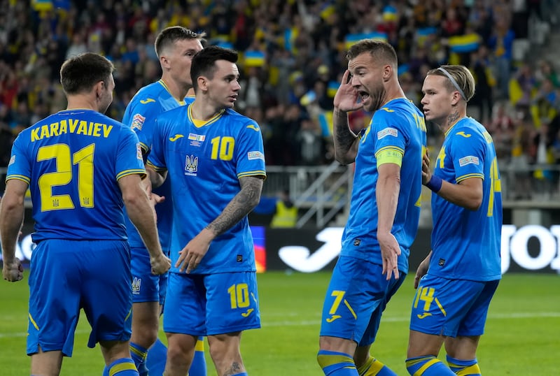 Ukraine's Andriy Yarmolenko, second right, reacts during the Nations League match against Northern Ireland. AP Photo