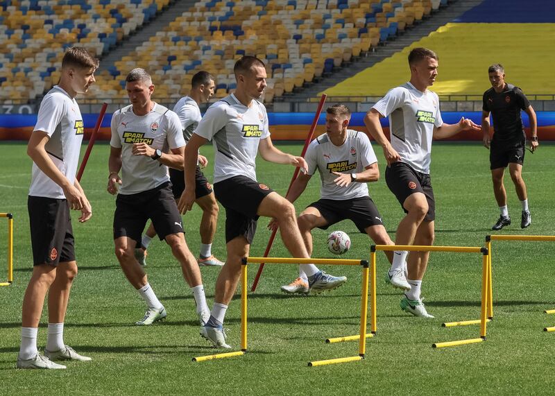 Shakhtar Donetsk's players train at the NSC Olimpiyskiy stadium before the first match of the Ukrainian Premier League, in Kyiv, Ukraine, on August 22, 2022. All pictures Reuters