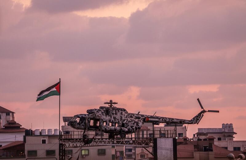 The helicopter of late Palestinian leader Yasser Arafat sits on top of a structure in Gaza City. The helicopter was placed there in May 2015 and serves for military exercises since.  EPA