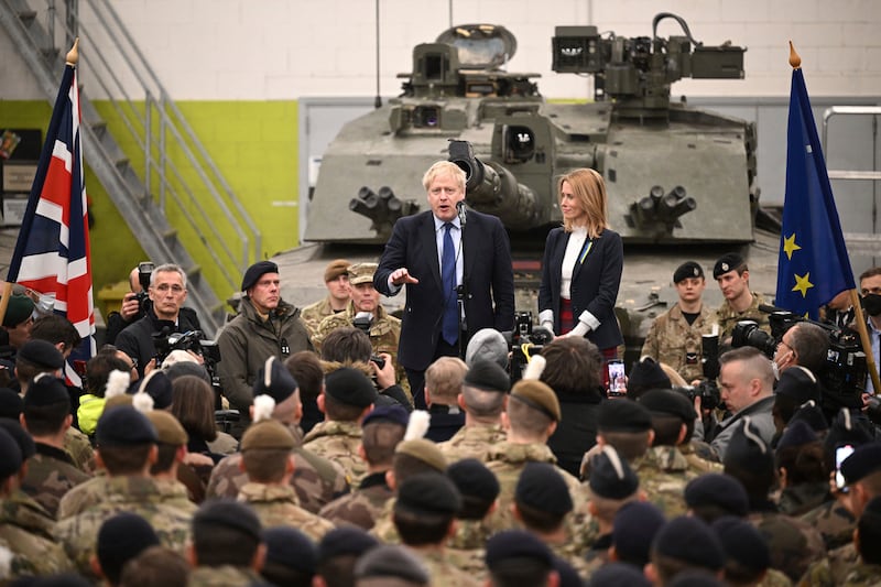British Prime Minister Boris Johnson and Estonian leader Kaja Kallas meet Nato troops stationed in Tallinn. AP