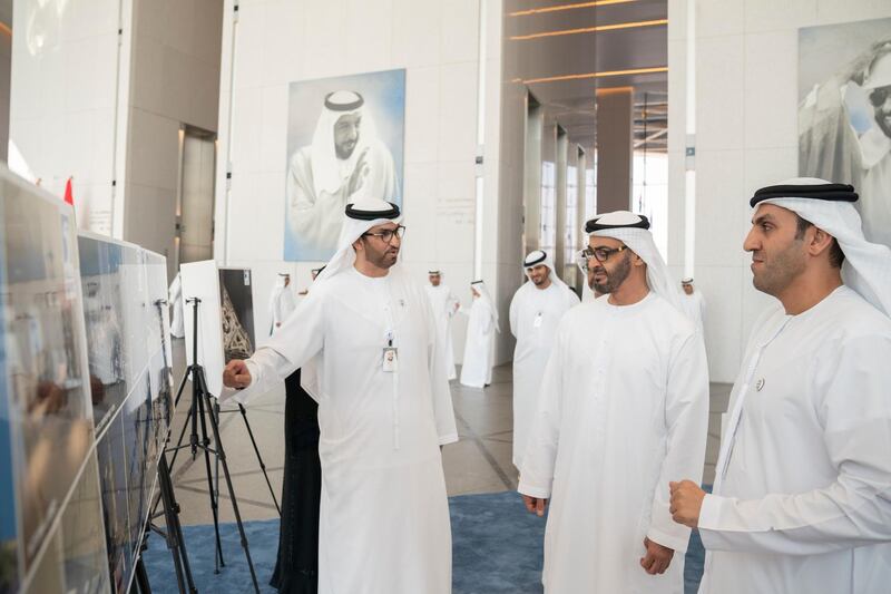 ABU DHABI, UNITED ARAB EMIRATES - November 04, 2019:  HH Sheikh Mohamed bin Zayed Al Nahyan, Crown Prince of Abu Dhabi and Deputy Supreme Commander of the UAE Armed Forces (2nd R) tours the new expansion and development work at the Abu Dhabi National Oil Company (ADNOC) Headquarters. Seen with HE Dr Sultan Ahmed Al Jaber, UAE Minister of State, Chairman of Masdar and CEO of ADNOC Group (L).

( Hamad Al Kaabi / Ministry of Presidential Affairs )​
---