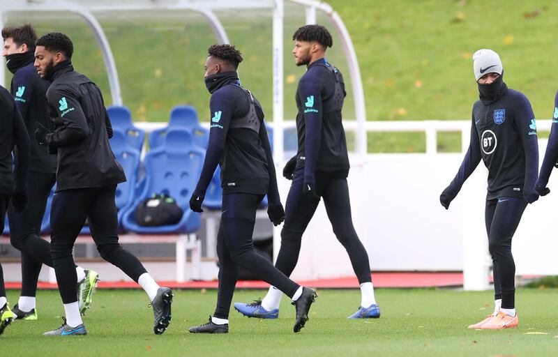 England players, including Raheem Sterling, right, take part in a training session. Reuters