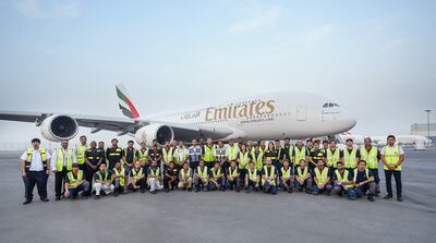 The Emirates retrofit team with the first A380 set to be worked on. Courtesy Emirates
