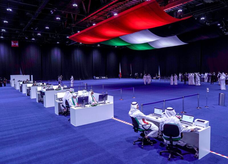 Abu Dhabi, United Arab Emirates, October 5, 2019.  
FNC Elections at ADNEC. -- FNC volunteer organizers stand ready to assist voters at the floor.
Victor Besa / The National
Section:  NA
Reporter:  Haneen Dajani