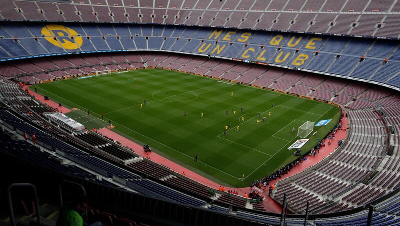 FILE, In this Sunday, Oct. 1, 2017 photo Spanish La Liga soccer match between Barcelona and Las Palmas is played at the Camp Nou stadium in Barcelona, Spain. (AP Photo/Manu Fernandez, File)