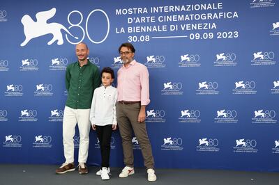 From left, Majd Mastoura, Walid Bouchhioua and director Mohamed Ben Attia at Venice International Film Festival. Getty Images