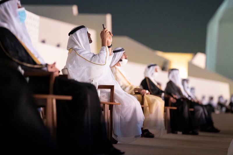 Sheikh Mohamed bin Zayed, Crown Prince of Abu Dhabi and Deputy Supreme Commander of the Armed Forces, attends the 'Seeds of the Union' National Day show at Jubail Mangrove Park. Courtesy: Sheikh Mohamed bin Zayed Twitter